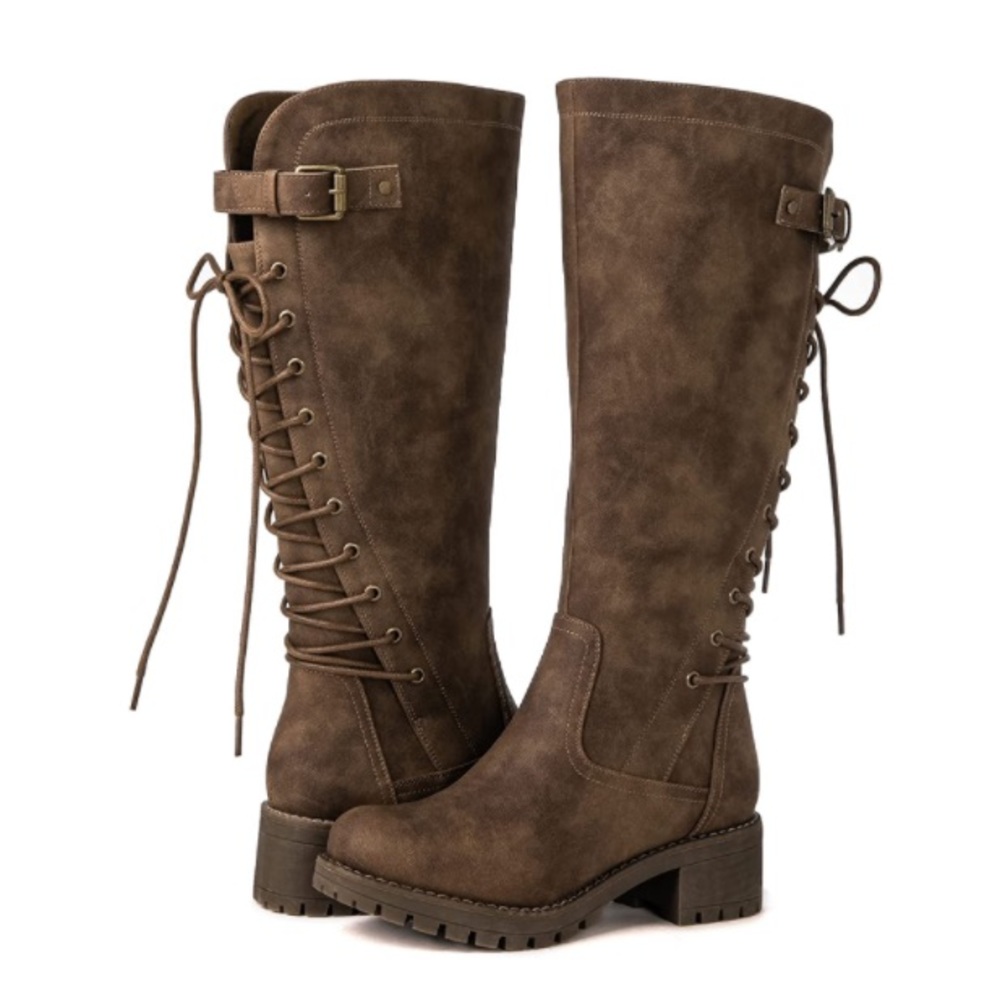 Lace Up Back Knee High Fashion Boots Vegan Leather Light Brown